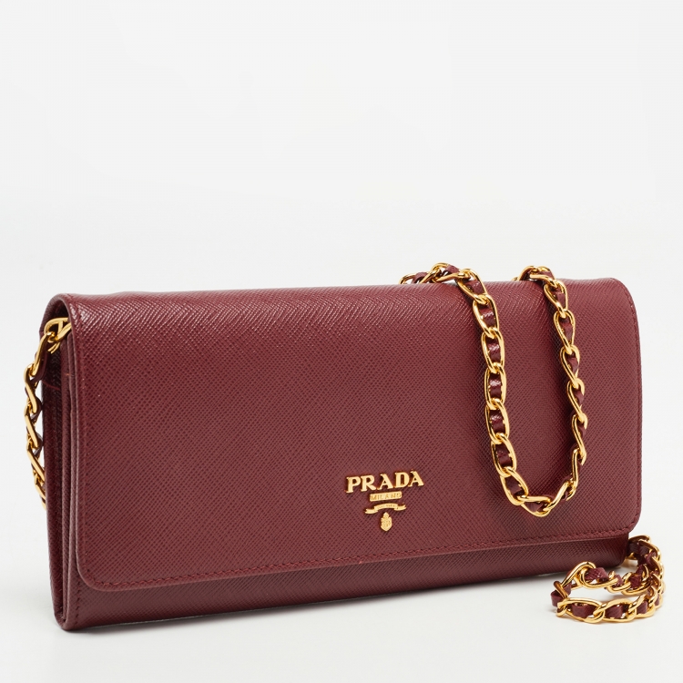 Pre Owned Prada Dark Red Saffiano Metal Leather Wallet On Chain