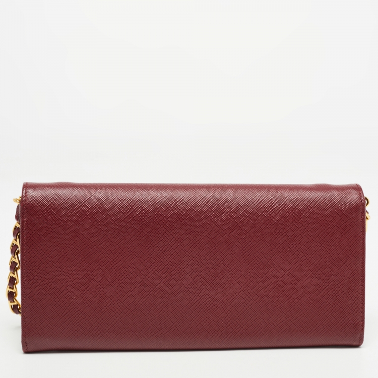 Pre Owned Prada Dark Red Saffiano Metal Leather Wallet On Chain