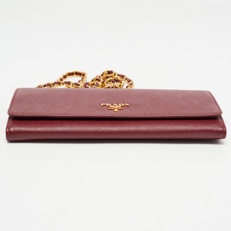 Pre Owned Prada Dark Red Saffiano Metal Leather Wallet On Chain
