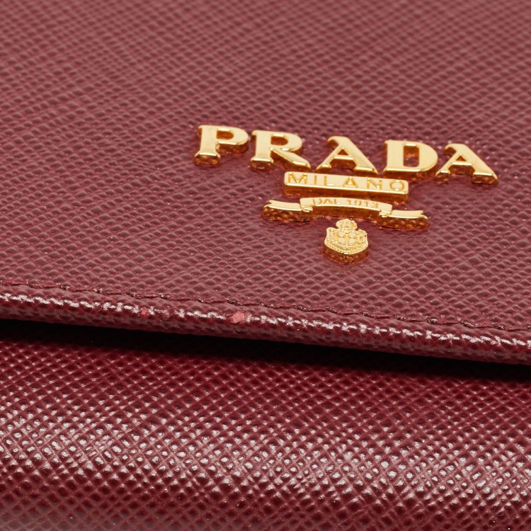 Pre Owned Prada Dark Red Saffiano Metal Leather Wallet On Chain