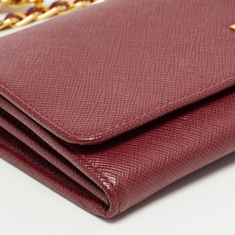 Pre Owned Prada Dark Red Saffiano Metal Leather Wallet On Chain