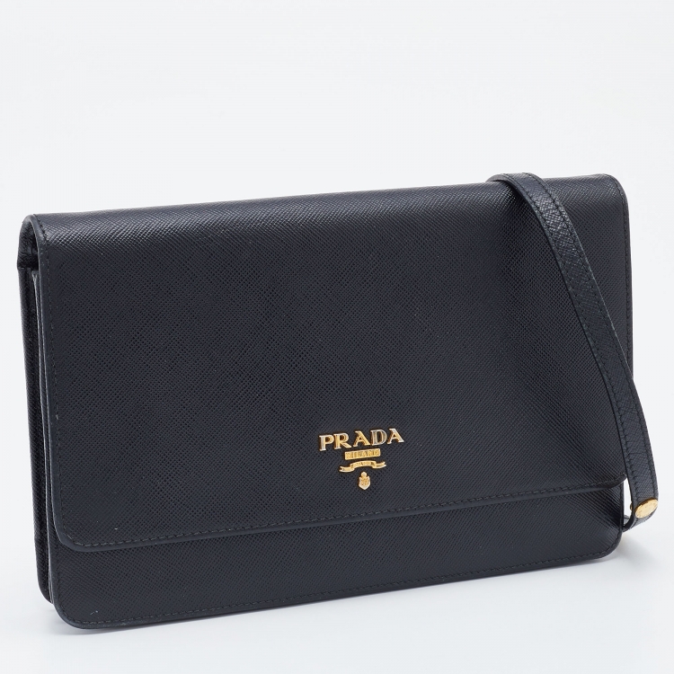 Pre Owned Prada Black Saffiano Leather Flap Crossbody Bag