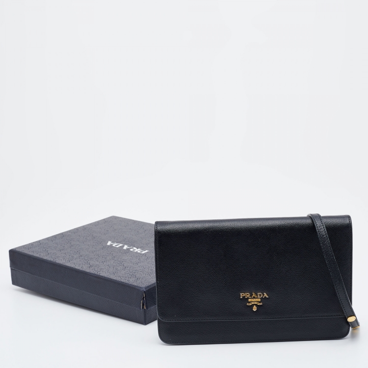 Pre Owned Prada Black Saffiano Leather Flap Crossbody Bag
