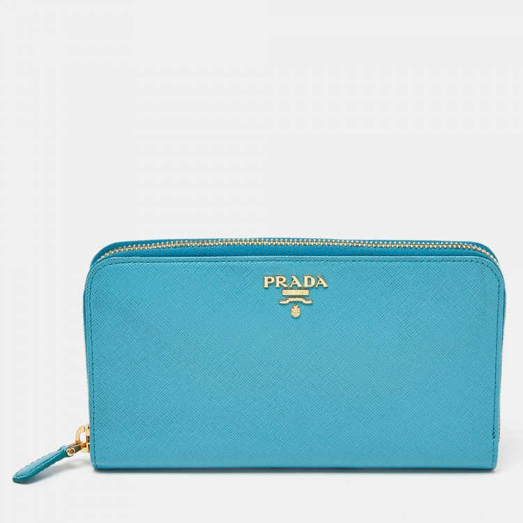 Prada Turquoise Saffiano Lux Leather Zip Around Continental Wallet Prada