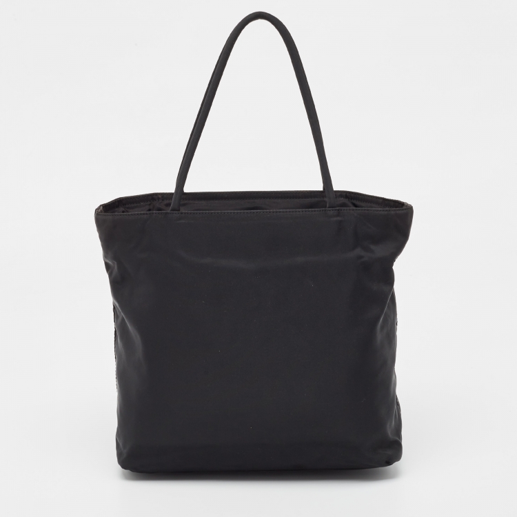 Pre Owned Prada Black Nylon Logo Zip Tote
