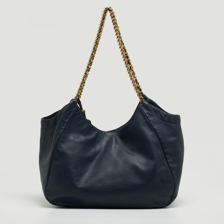 Pre Owned Prada Navy Blue Leather Chain Handle Hobo