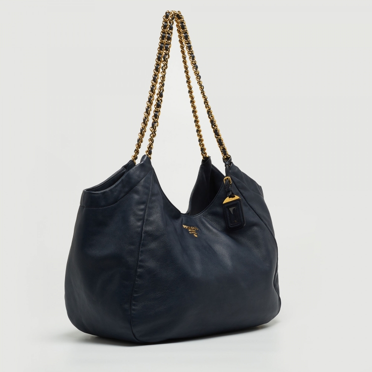 Pre Owned Prada Navy Blue Leather Chain Handle Hobo