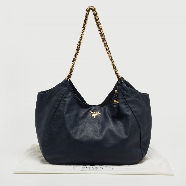 Pre Owned Prada Navy Blue Leather Chain Handle Hobo