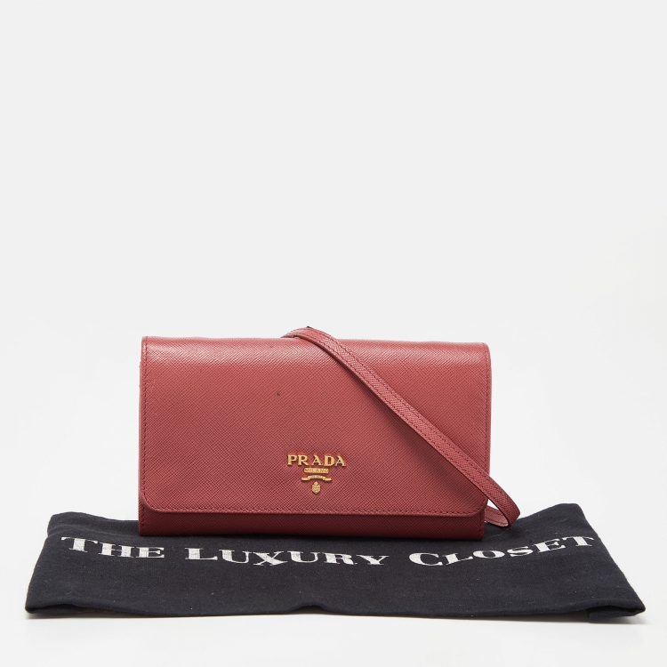 Pre Owned Prada Pink Saffiano Leather Flap Wallet On Strap