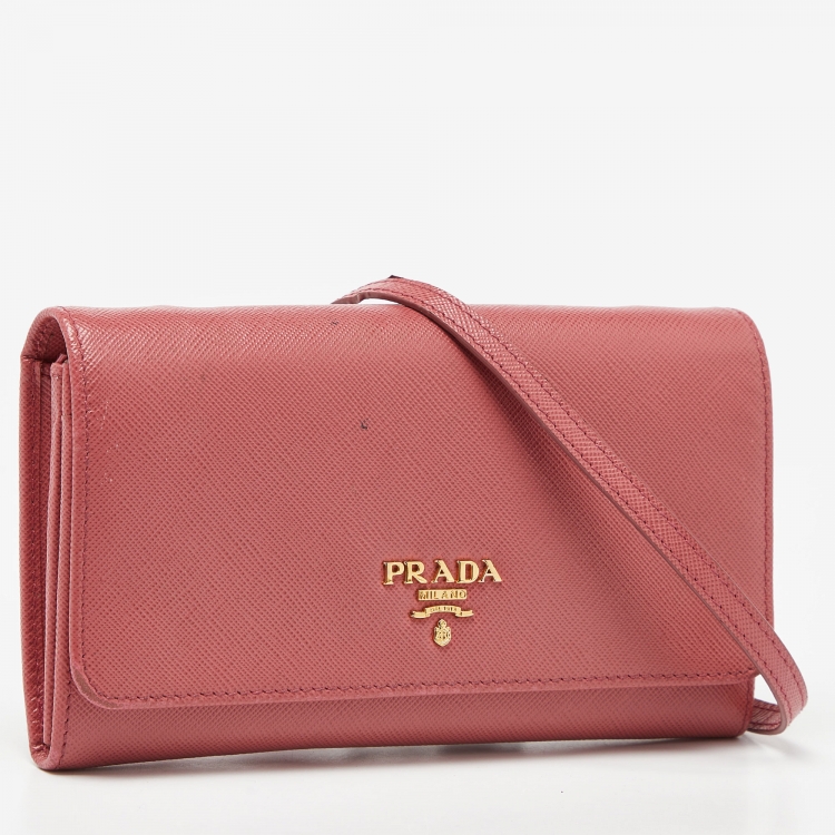 Pre Owned Prada Pink Saffiano Leather Flap Wallet On Strap