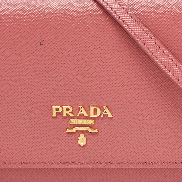 Pre Owned Prada Pink Saffiano Leather Flap Wallet On Strap