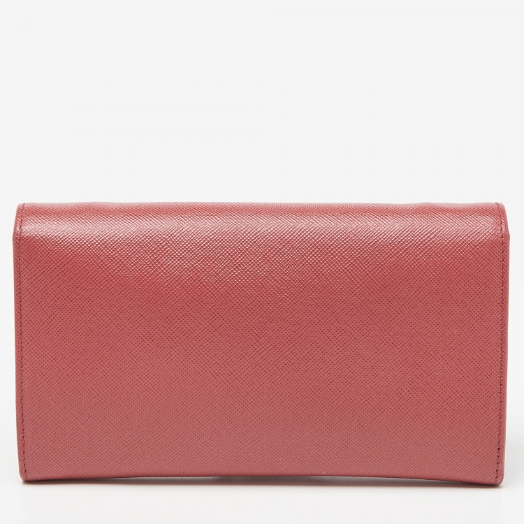 Pre Owned Prada Pink Saffiano Leather Flap Wallet On Strap