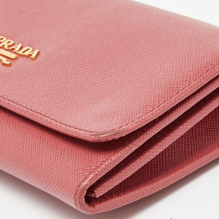 Pre Owned Prada Pink Saffiano Leather Flap Wallet On Strap