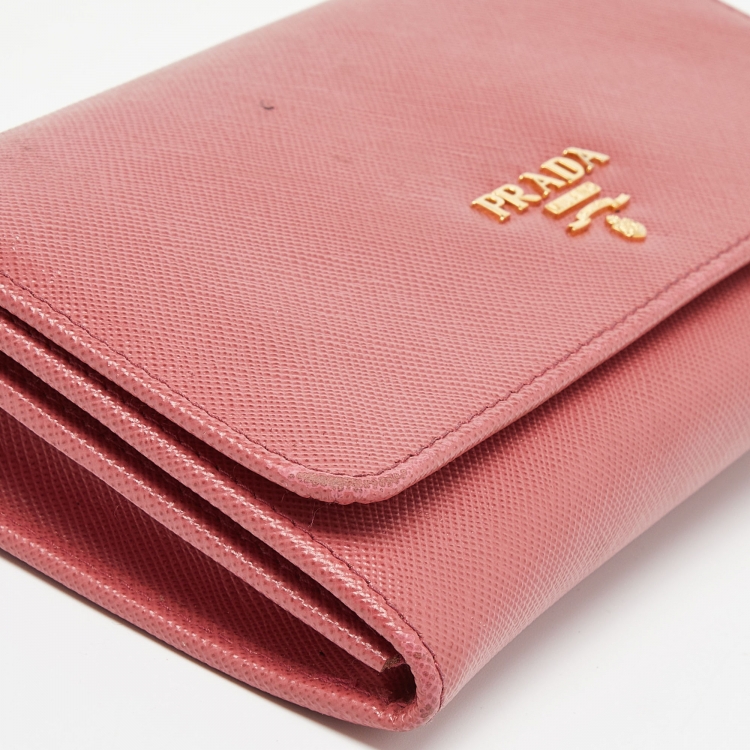 Pre Owned Prada Pink Saffiano Leather Flap Wallet On Strap