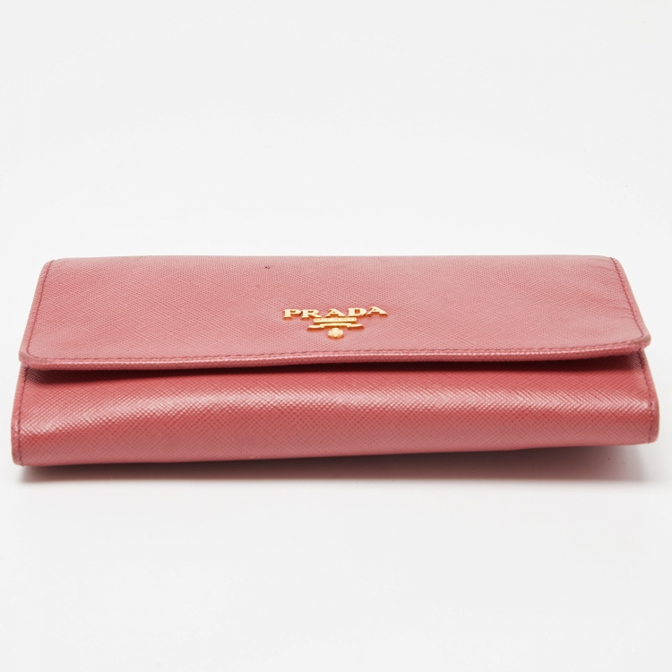 Pre Owned Prada Pink Saffiano Leather Flap Wallet On Strap