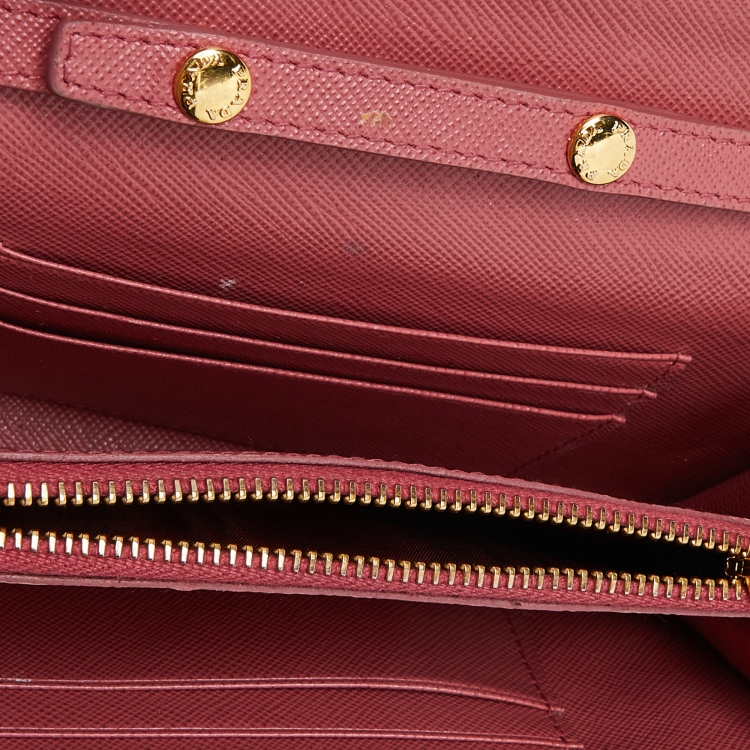 Pre Owned Prada Pink Saffiano Leather Flap Wallet On Strap