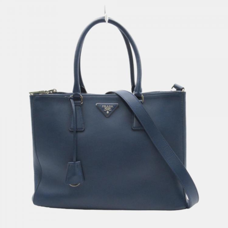 Pre Owned Prada Blue Leather Medium Saffiano Lux Double-Zip Galleria Tote Bag