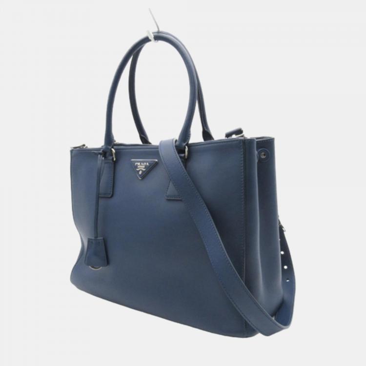 Pre Owned Prada Blue Leather Medium Saffiano Lux Double-Zip Galleria Tote Bag
