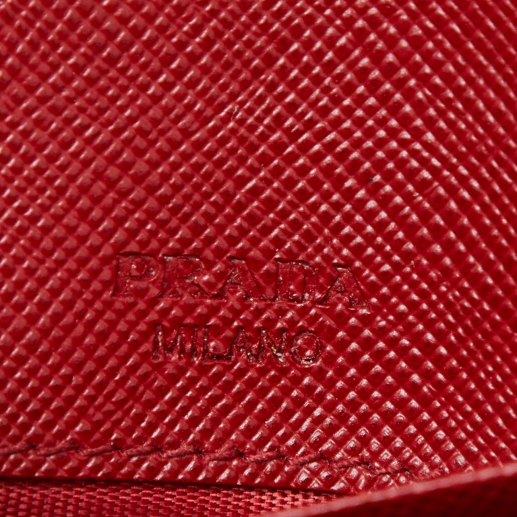 Pre Owned Prada Red Saffiano Metal Leather Logo Wristlet Compact Wallet