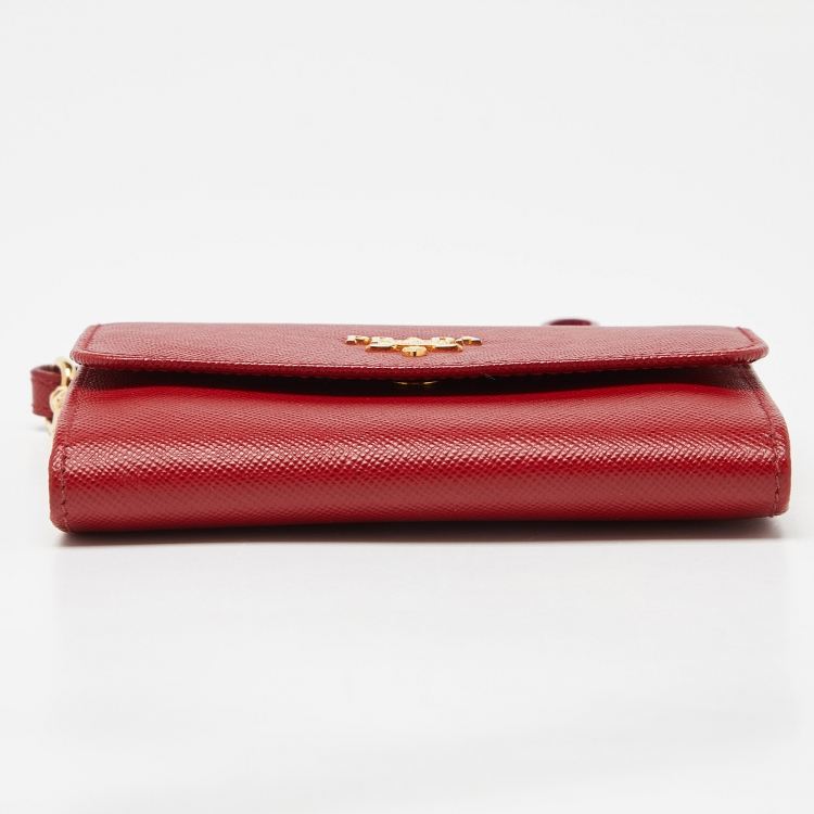 Pre Owned Prada Red Saffiano Metal Leather Logo Wristlet Compact Wallet