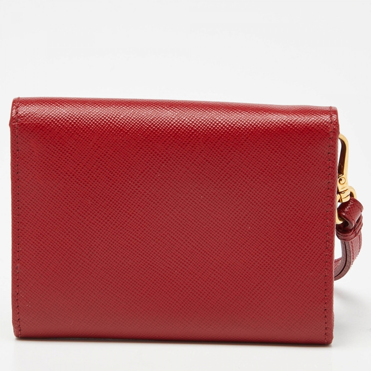 Pre Owned Prada Red Saffiano Metal Leather Logo Wristlet Compact Wallet