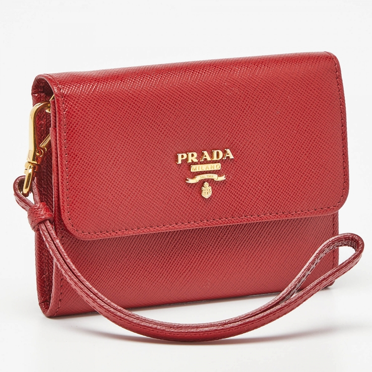 Pre Owned Prada Red Saffiano Metal Leather Logo Wristlet Compact Wallet
