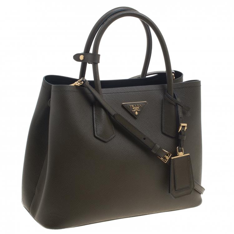 Pre Owned Prada Olive Green Saffiano Cuir Leather Convertible Tote