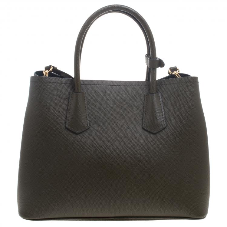 Pre Owned Prada Olive Green Saffiano Cuir Leather Convertible Tote