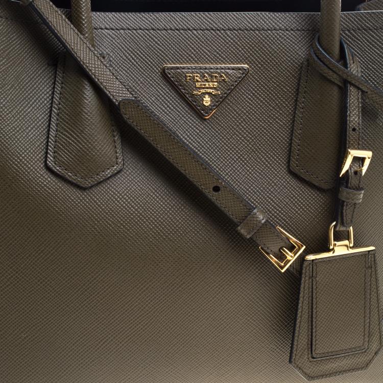 Pre Owned Prada Olive Green Saffiano Cuir Leather Convertible Tote
