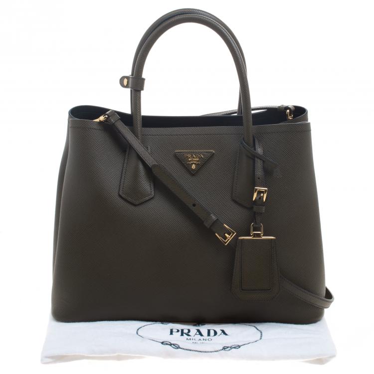 Pre Owned Prada Olive Green Saffiano Cuir Leather Convertible Tote