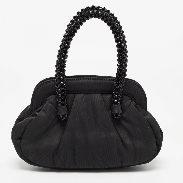 Pre Owned Prada Black Nylon Mini Frame Embellished Bag