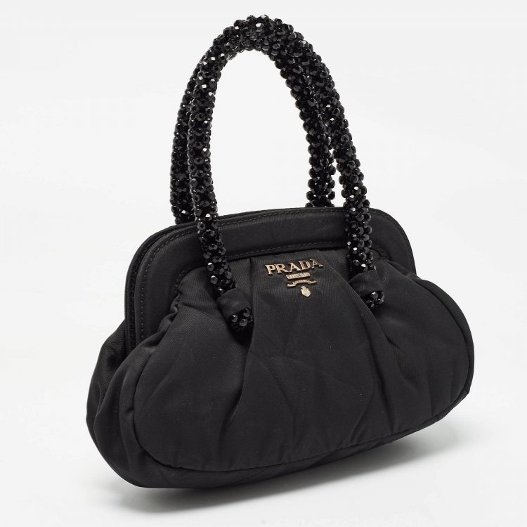 Pre Owned Prada Black Nylon Mini Frame Embellished Bag