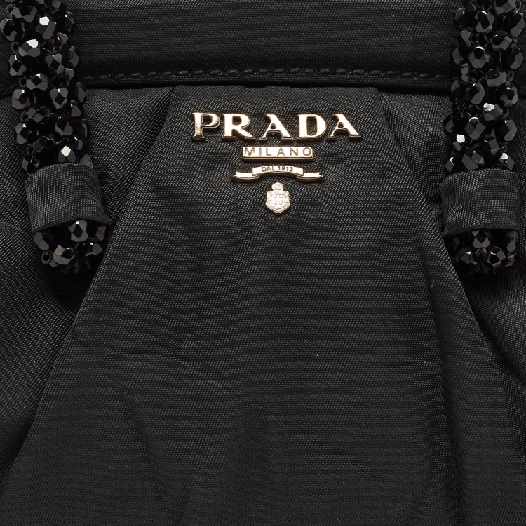 Pre Owned Prada Black Nylon Mini Frame Embellished Bag