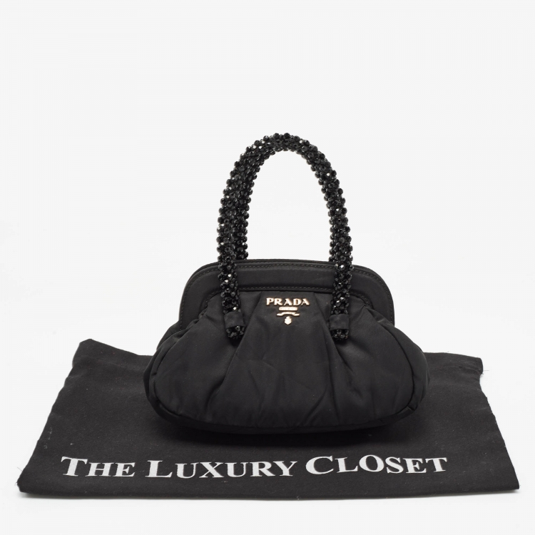 Pre Owned Prada Black Nylon Mini Frame Embellished Bag