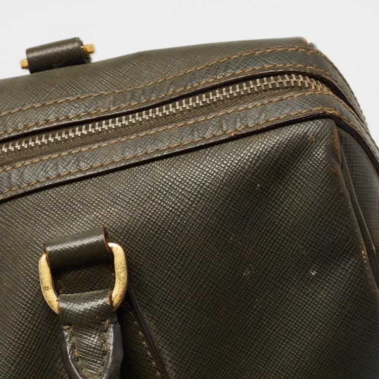 Pre Owned Prada Olive Green Saffiano Leather Bowler Bag