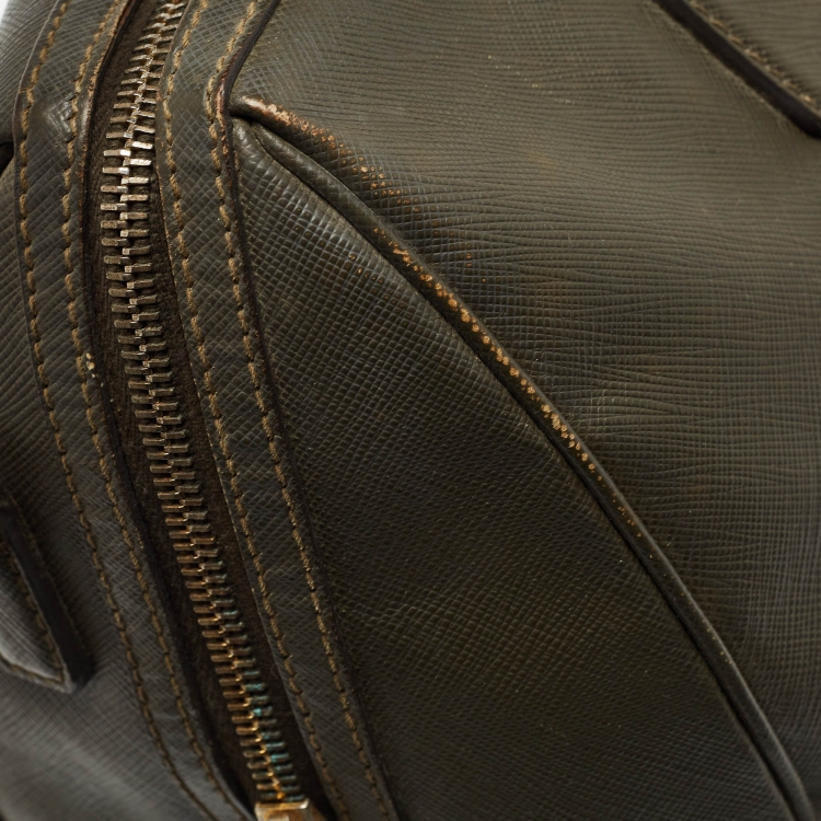 Pre Owned Prada Olive Green Saffiano Leather Bowler Bag