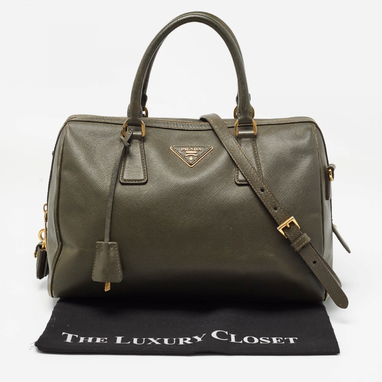 Pre Owned Prada Olive Green Saffiano Leather Bowler Bag