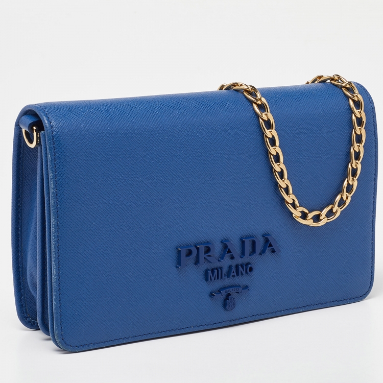 Pre Owned Prada Blue Saffiano Leather Wallet on Chain