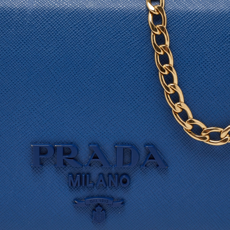 Pre Owned Prada Blue Saffiano Leather Wallet on Chain