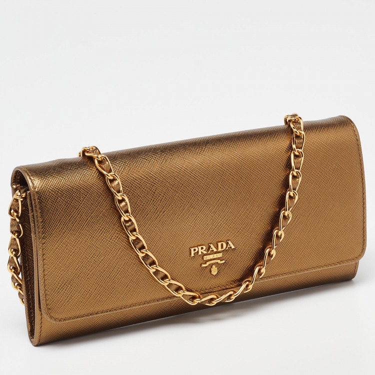 Pre Owned Prada Bronze Saffiano Metal Leather Wallet on Chain