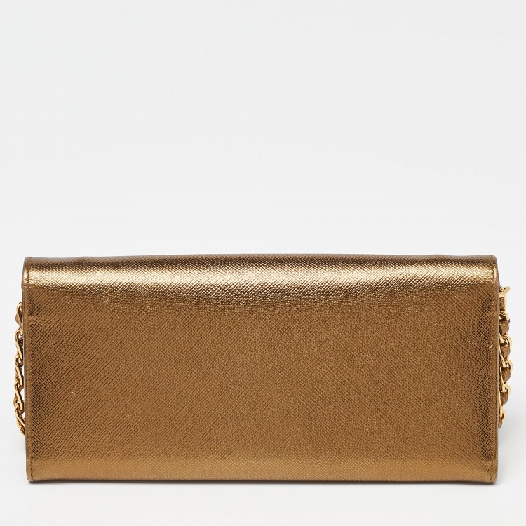 Pre Owned Prada Bronze Saffiano Metal Leather Wallet on Chain