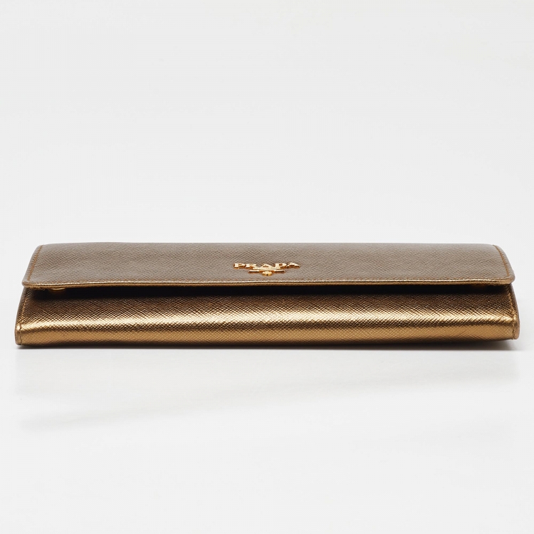 Pre Owned Prada Bronze Saffiano Metal Leather Wallet on Chain