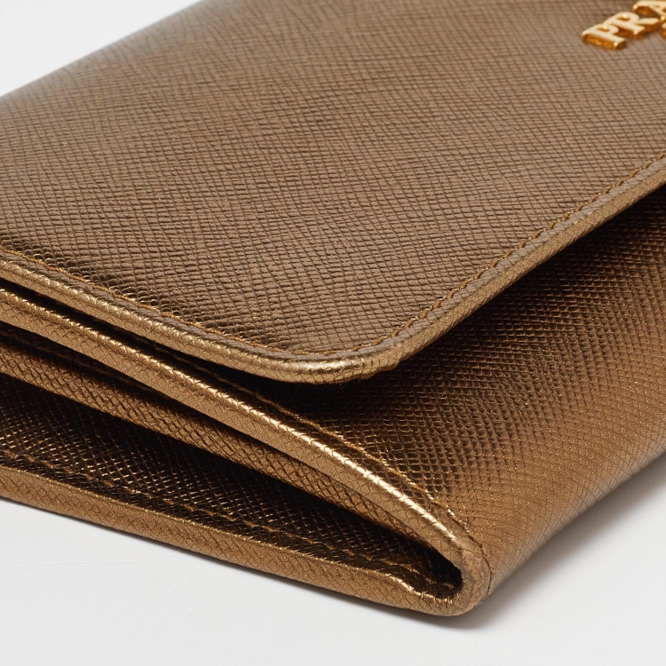Pre Owned Prada Bronze Saffiano Metal Leather Wallet on Chain