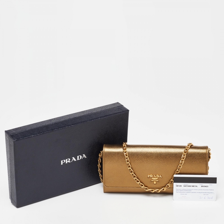 Pre Owned Prada Bronze Saffiano Metal Leather Wallet on Chain