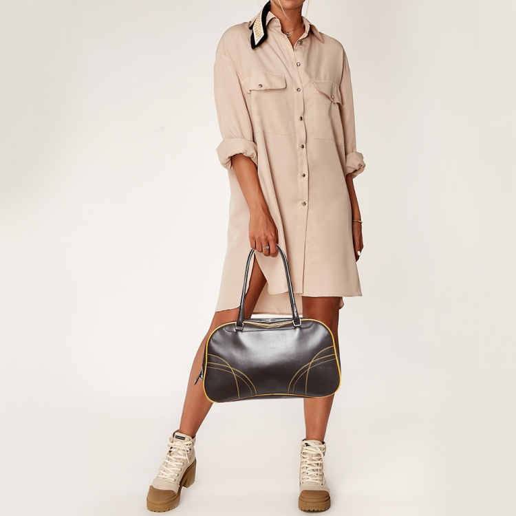 Pre Owned Prada Choco Brown/Yellow Easy Calf Leather Bowler Bag