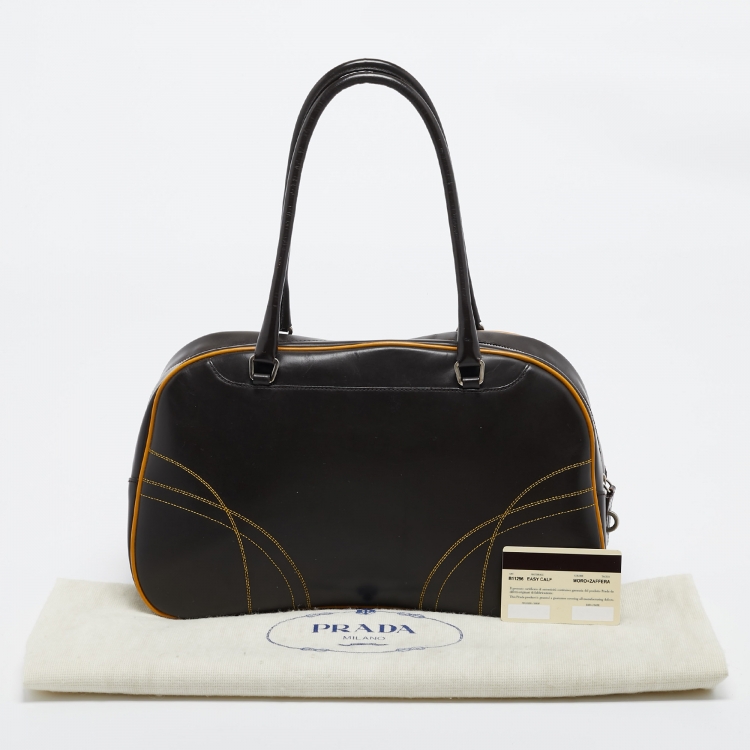 Pre Owned Prada Choco Brown/Yellow Easy Calf Leather Bowler Bag