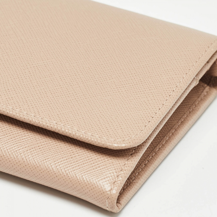 Pre Owned Prada Beige Saffiano Metal Leather Logo Flap Wallet On Chain