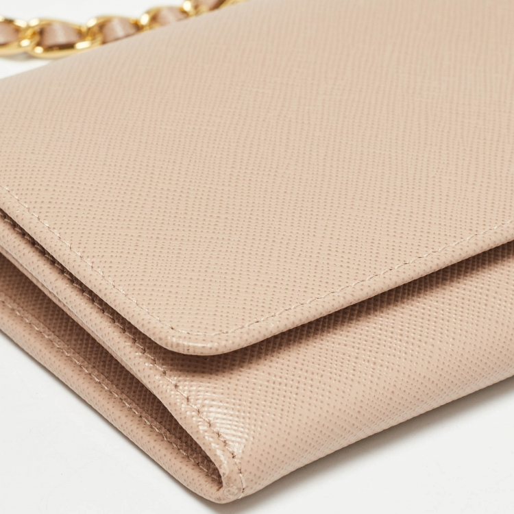 Pre Owned Prada Beige Saffiano Metal Leather Logo Flap Wallet On Chain