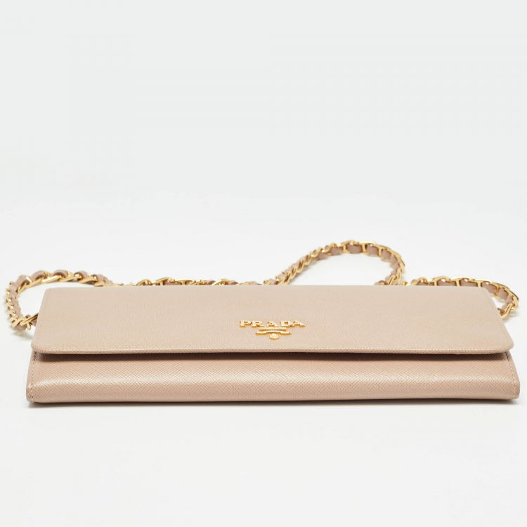 Pre Owned Prada Beige Saffiano Metal Leather Logo Flap Wallet On Chain