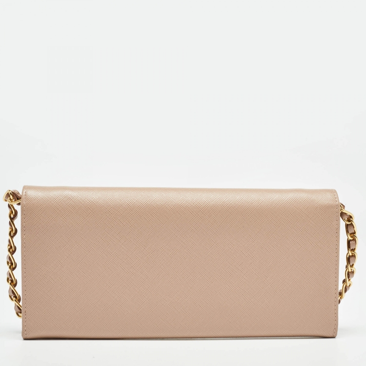 Pre Owned Prada Beige Saffiano Metal Leather Logo Flap Wallet On Chain